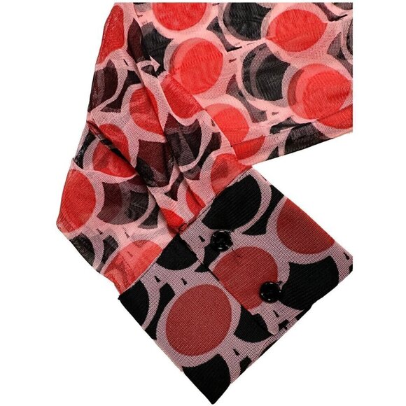 Zara Red Black Sheer Polka Dot Retro Geo Print Button Down Ruched Long Sleeve Bl - Picture 5 of 9